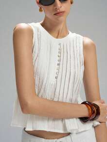 LYSMO Áo tank top không tay bằng vải lanh xếp ly eo dành cho nữ, mẫu mới về mùa xuân/hè 2025, phong cách tối giản thường ngày, thích hợp cho kỳ nghỉ. - Màu be - Xem 4