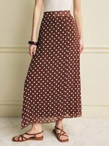 Écloséra 女款1960年代復古優雅棕色與白色波點雪紡百褶喇叭裙，夏季茶會復古洗練度假日常穿著 - 棕色 - 查看 4