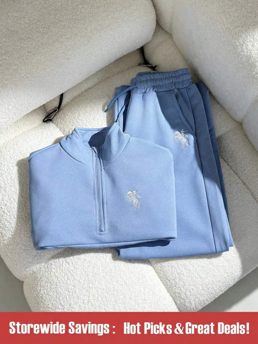 SHEIN 两件套少女休闲套装,包括一件宽松版型的长袖拉链高领卫衣和一条阔腿裤,适合日常穿着和运动。 - 藍色 - 查看 1