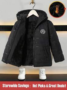 1pc Boys' Padded Hooded Jacket With Embroidered Logo Fall Winter - Black - View 2