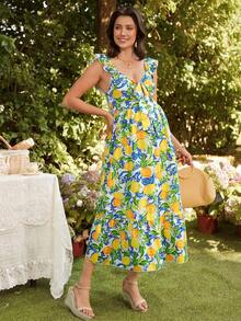 SHEIN 波西米亚风孕妇连衣裙，泡泡袖，腰部系带，春夏休闲度假装 - 彩色 - 查看 5