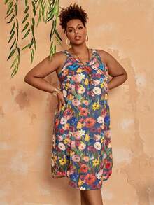 EMERY ROSE 大码女式碎花休闲吊带连衣裙 - Blue Day - 查看 3