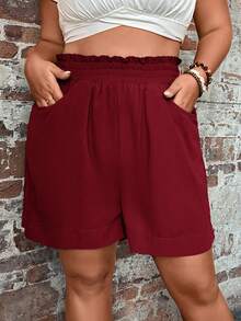 EMERY ROSE Quần short nữ cỡ lớn màu trơn, có bèo nhún, dáng rộng, có túi, kiểu dáng thường ngày. - Màu Đỏ Sâu - Xem 1