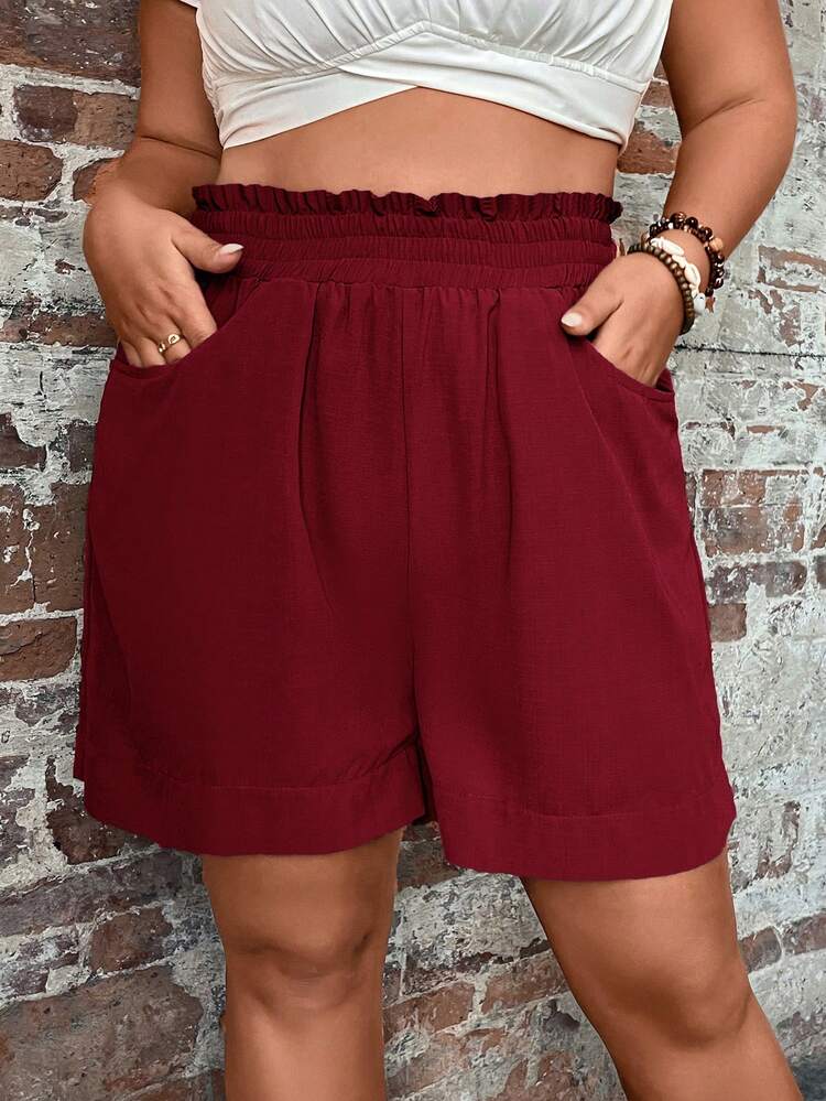 Plus Size Women Solid Color Frill Trim Pocket Loose Casual Shorts Summer Outfit For Women