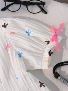 SHEIN Elladie kids 少女蝴蝶结印花纹理面料花瓣袖收腰休闲衬衫，夏季假日休闲装 - 彩色 - 查看 4