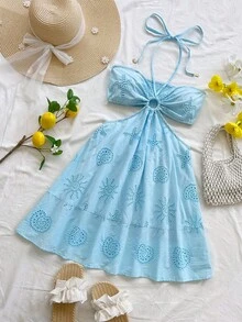 Soleia 女士海星刺绣镂空设计吊带迷你连衣裙 - 淺藍色 - 查看 1
