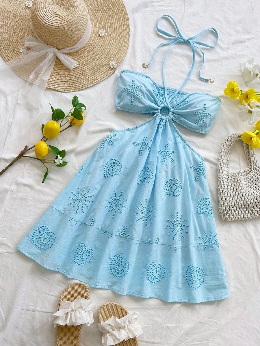 Soleia 女士海星刺绣镂空设计吊带迷你连衣裙 - 淺藍色 - 查看 1