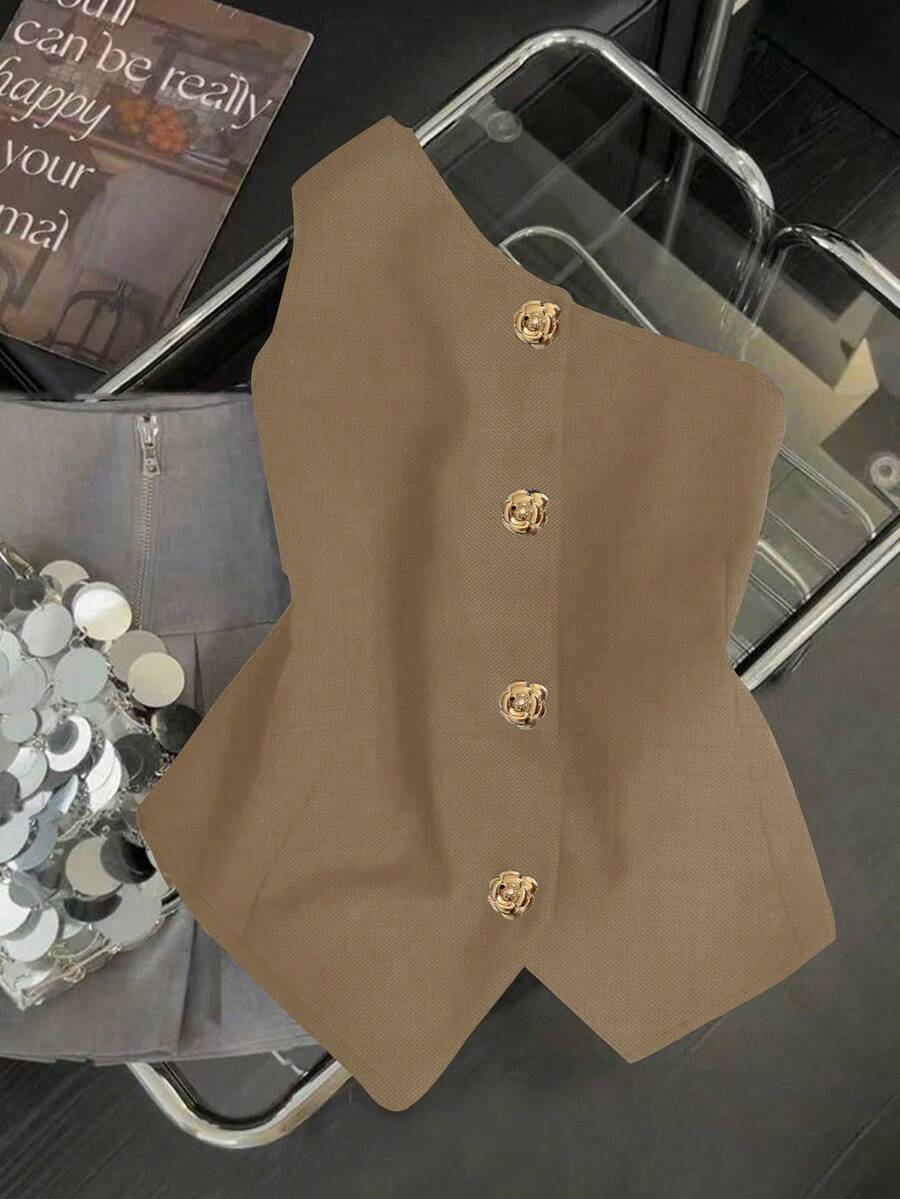 Elnivra Áo kiểu nữ màu đen thời trang & thanh lịch, cổ chữ S bất đối xứng gợi cảm với khóa kim loại trang trí, thích hợp cho mùa xuân/hè, kiểu công sở thường ngày. Áo kiểu nữ mới về, áo corset màu nâu cho nữ, áo kiểu nữ thanh lịch, áo kiểu nữ mới nhất, áo kiểu Y2K, bộ đồ Y2K cho nữ, áo thời trang, áo kiểu mới nhất cho nữ, hàng mới về. - Màu be - Xem 1
