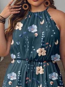 SHEIN VCAY 大码女式碎花腰带吊带连体衣 - 藍色 - 查看 5
