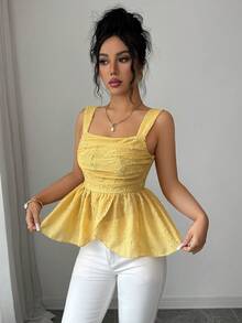 Elenzga 无袖方领收腰A字下摆优雅浪漫精致女士背心 - 黃色 - 查看 8