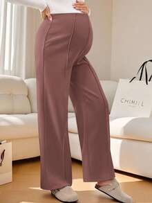 SHEIN Pantalones casuales sueltos de pierna ancha de unicolor para mujeres embarazadas - Marrón Mocha - Ver 4