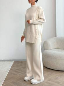 EURMUSE Women Solid Color Button Detailed Mock Neck Drop Shoulder Pullover & Sweater Pants Set - Beige - View 2