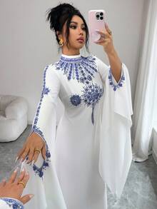 Elenzga 女士新款时尚优雅中东风复古法式立领金色印花开襟下摆系带蝙蝠袖白色长裙，适合通勤、圣诞节、新年、街头风、法式浪漫、休闲、中东复古风、下午茶聚会、派对、感恩节、返校季、秋冬季等场合。 - 藍色 - 查看 5