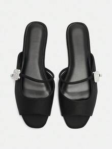 Bholvia Women's Elegant Silver Crystal Embellished Ankle Strap Open Toe Flat Mule Sandals, Black Lychee Fabric, Comfortable For Daily Wear And Party Spring Shoes Summer Shoes - Black - View 13