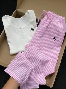 Comfortcana 2026新款春夏女式休闲刺绣细节纽扣上衣和条纹裤两件套，浅粉色春季套装，适合海滩、感恩节、新年、圣诞节等场合，夏季两件套，夏季裤装套装 - 淺粉色 - 查看 4