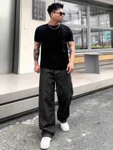 DAZY 男士黑色长款字母印花牛仔裤，适合春秋季穿着 - 黑色 - 查看 4