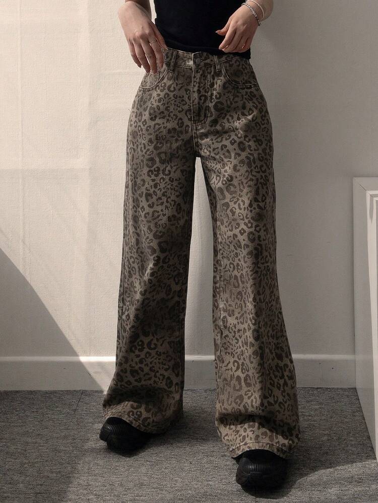 Women's Leopard Print Korean Style Washed Ombre Casual Jeans