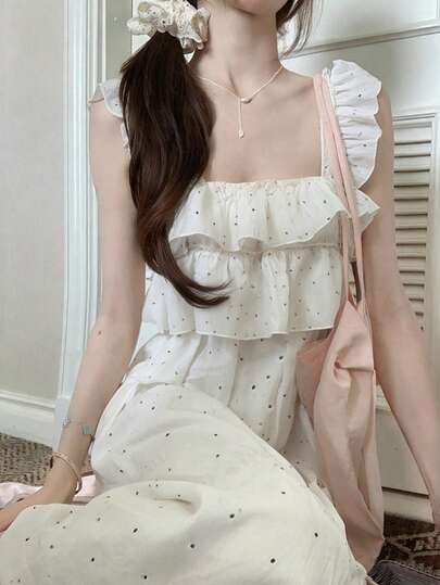 FRIFUL Women's Multi-Layer Polka Dot Print Decor A-Line Dress, Sweet Vacation Style For Summer Maxi Dress