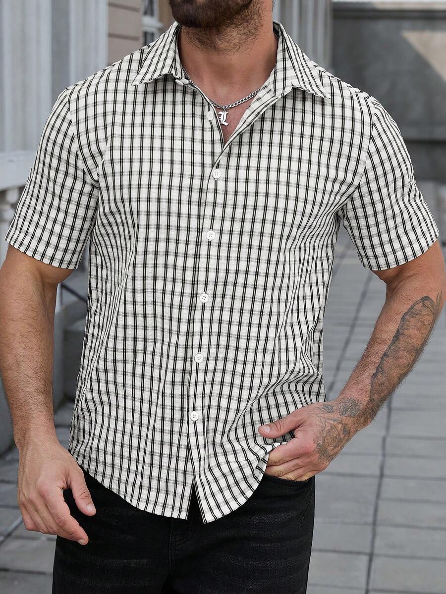 EGENSIO Textured Plaid Print Button Front Casual Short Sleeve Shirt - Black - View 1