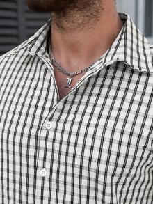 EGENSIO Textured Plaid Print Button Front Casual Short Sleeve Shirt - Black - View 3