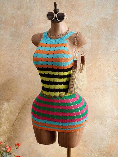 Mistrie Women's Sleeveless Striped Knit Dress, Round Neck Short Dress, Casual Elegant Summer Holiday Dress, Summer , Summer Clothes  , Summer Outfits For Women , Summer Outfits ,  Summer Outfit For Women , Beach Vacation Outfits For Women , Vacation Outfits Women  , Holiday Outfits For Women  , Vacation  , Holiday  , Summer Holiday Outfits , Holiday Outfits  , Vacation Outfits For Women , Vacation Dresses Vacation Dress  , Beach Vacation Outfits For Women ,Vacation Outfits Women