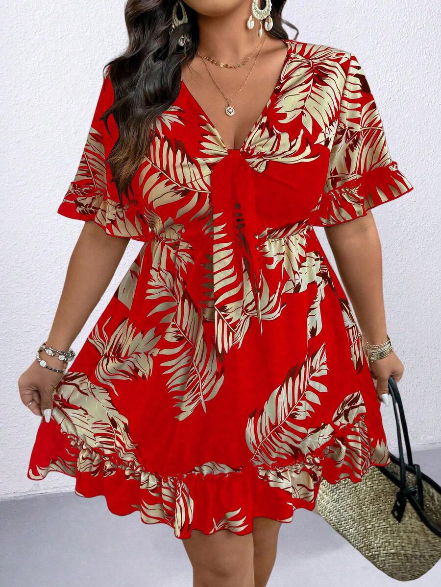 Plus Size Casual Vacation Floral Print Ruffle Hem Dress - Red - View 1