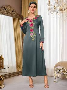 Al Najma 女士花卉刺绣图案休闲派对旅行阿拉伯传统连衣裙 - 灰色 - 查看 4