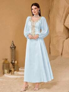 SHEIN Najma Đầm thời trang cổ điển lãng mạn tay phồng họa tiết hoa, thắt eo dành cho nữ - Màu xanh nhạt - Xem 4