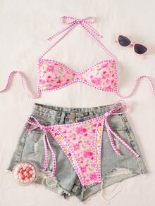 SHEIN Swim Women's Reversible Floral Print Bikini Swimwear, Sweet And Fresh For Beach Golf Vacation, Spring/Summer White Sexy - Multicolor - View 6