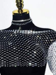 EgrlEra Women's Fishnet Rhinestone Cropped Top, Suitable For Holiday Party Outfits - Light Grey - View 4