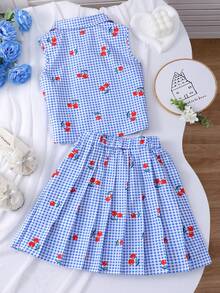 2pcs/Set Blue Plaid Cherry Print Sleeveless Shirt Paired With Plaid Pleated Skirt, Suitable For Spring/Summer Outings, Vacation, And Daily Wear - Multicolor - View 2