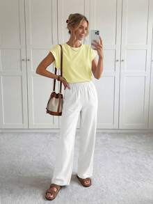 SHEIN LUNE Maglietta casual a maniche corte e collo rotondo in maglia tinta unita da donna - Giallo chiaro - Visualizzare 4