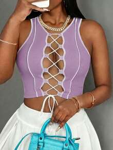 Slaydiva 休闲基础款运动性感Y2K街头风交叉撞色饰边无袖罗纹背心（女款） - 淡紫色 - 查看 6