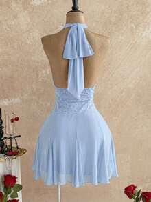 Soleia Elegant Light Blue Summer Tea Party Dress For Women,Halter Tie Strap Ruffle Lace Backless Bow Decor Mesh Mini Dress,Beach Wedding Guest Attire,Boho - Baby Blue - View 2