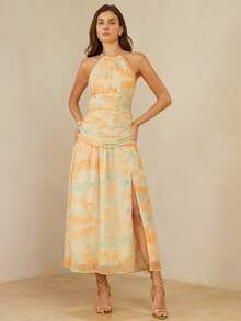 SHEIN LUNE French Luxury Elegant Floral Print Chiffon Maxi Dress,Beige,Summer,Boho,Vacation,Holiday,Fitted Waist A-Line Flowy Skirt,Ruched Waist Design - Yellow - View 5