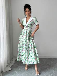 SHEIN Elenzya Elegant Romantic Tailored Collar Waist Splicing A-Line Dress, Suitable For Resort & Countryside - Multicolor - View 5