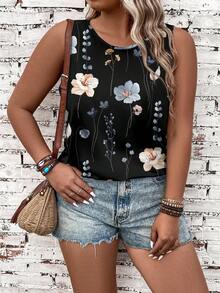 EMERY ROSE Plus Size Women Floral Print Casual Round Neck Tank Top - Black - View 4