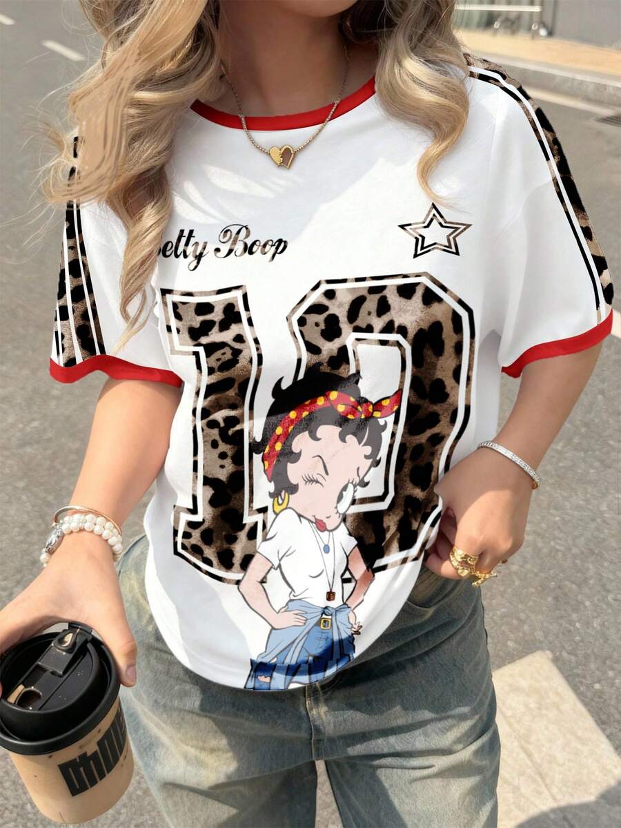Betty Boop x SHEIN 女士圆领条纹夏季时尚印花休闲T恤 - 白色 - 查看 1