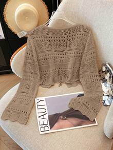 Franclia 新款纯色镂空钩编蕾丝轻薄开衫，女士百搭外套 - 紫紅色 - 查看 2