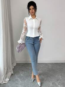 Modelyn 新款法式领甜美薄纱蕾丝拼接袖收腰衬衫 - 白色 - 查看 5
