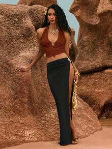 Poéselle Top sin espalda con cuello de halter sexy para mujer - Marrón - Ver 3