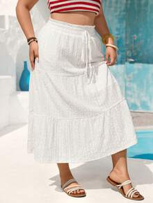 Vivid Eden Women's Plus Size White Eyelet Tiered Midi Skirt,Summer Boho Vacation Holiday Beach Casual Bohemian Birthday Outfit Drawstring Ruffle Hem - White - View 3