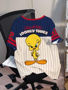 LOONEY TUNES X SHEIN 加大码夏季休闲撞色条纹卡通字母印花T恤 - 白色 - 查看 2