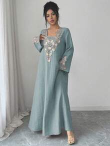 Yasmyna Women's Square Neck Long Sleeve Loose Textured Sequins Embroidered Floral Applique Romantic Elegant Arabic Style Dress - Dusty Blue - View 4