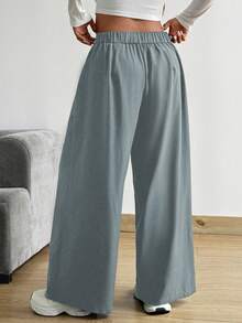 Vionelle Plus Size Casual Versatile Loose Solid Color Wide Leg Pants - Grey - View 2