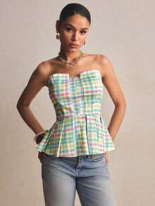 Poéselle 女士春夏新款收腰褶皱优雅衬衫，格子印花上衣，新款复活节套装 - 彩色 - 查看 3