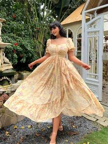 Lyrianda Vestido largo con cuello cuadrado, mangas con pétalos, decoración de ojales y lazo, con bajo asimétrico con volantes y estampado floral para mujer - Multicolor - Ver 3
