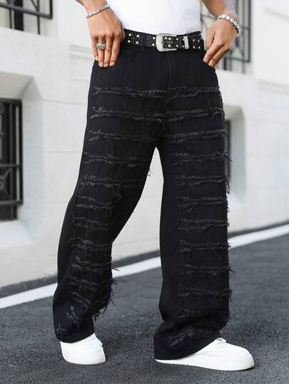 Manfinity EMRG Calça jeans vintage preta lavada, reta, folgada, com detalhes desgastados e boca de sino, ideal para primavera/verão.