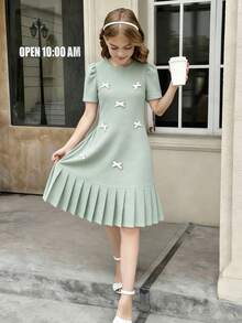 SHEIN 1件少女蝴蝶结褶皱短袖连衣裙，宽松版型，春夏款 - 薄荷綠 - 查看 1