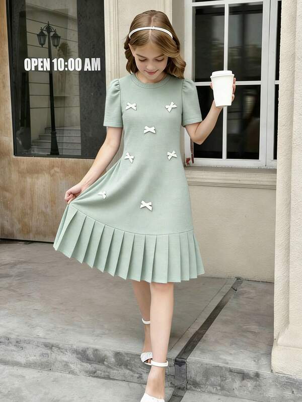 SHEIN 1pc Gaun Lengan Pendek Berlipat Ikatan Simpul Gadis Tween, Longgar, Musim Bunga/Panas